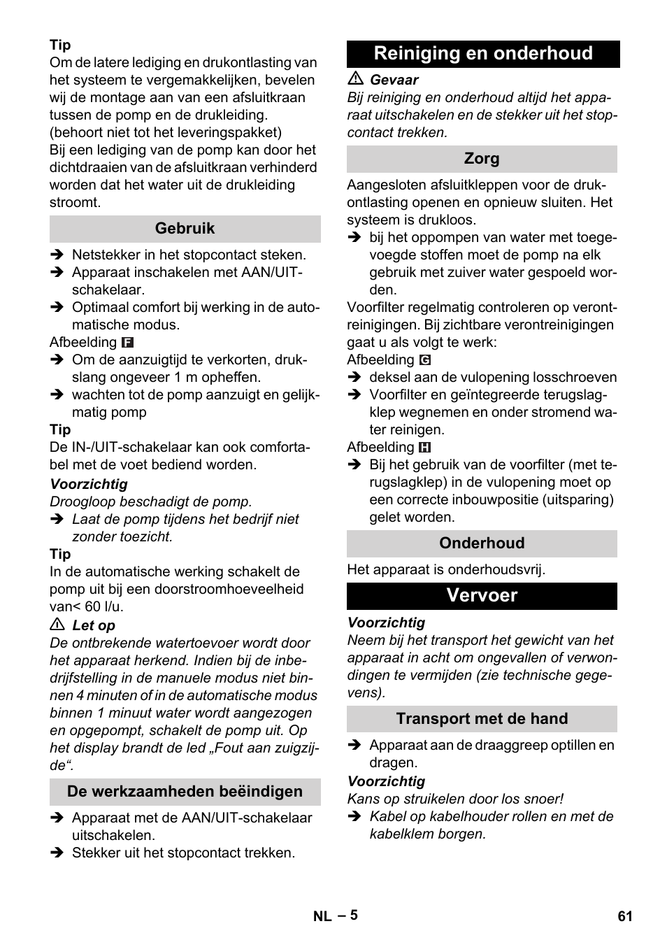 Reiniging en onderhoud, Vervoer | Karcher BP 4 Home & Garden eco!ogic User Manual | Page 61 / 128