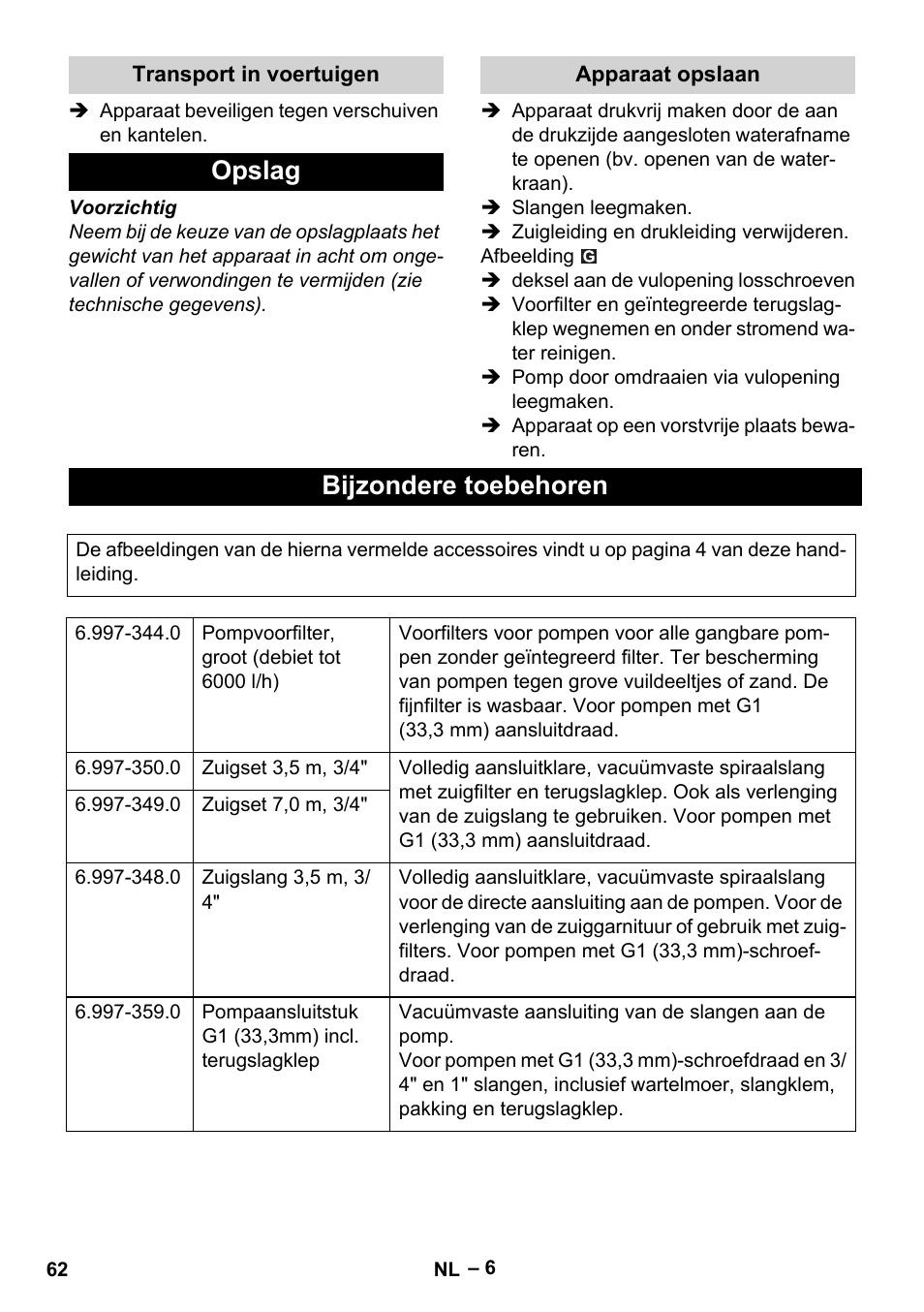 Opslag, Bijzondere toebehoren | Karcher BP 4 Home & Garden eco!ogic User Manual | Page 62 / 128