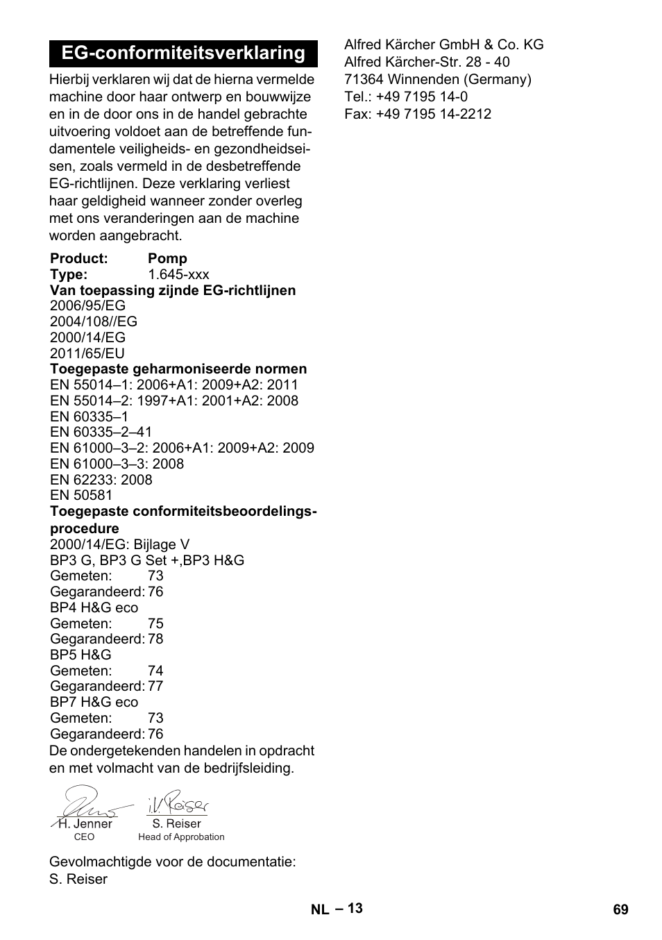 Eg-conformiteitsverklaring | Karcher BP 4 Home & Garden eco!ogic User Manual | Page 69 / 128