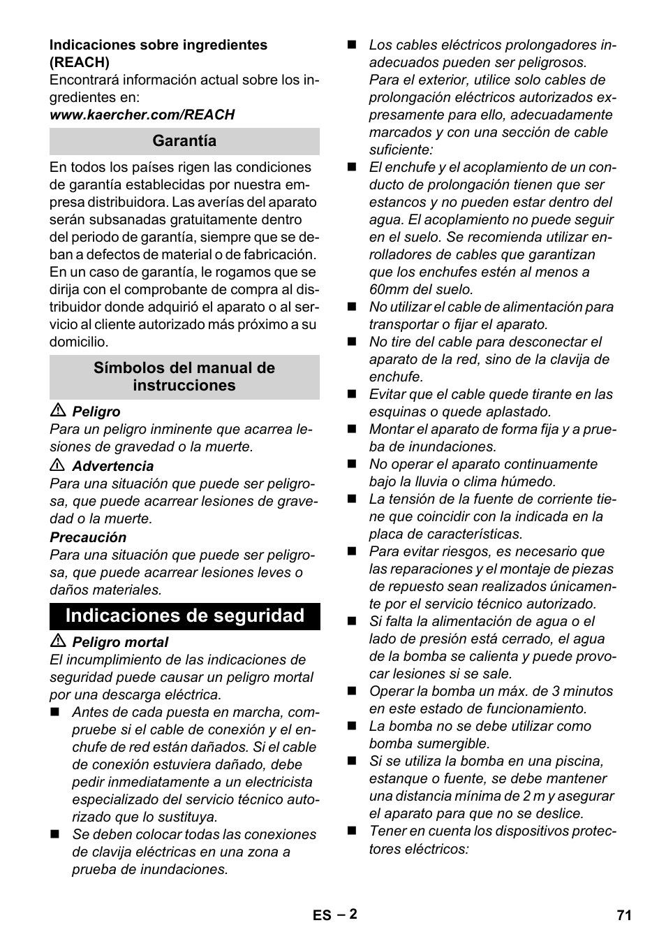 Indicaciones de seguridad | Karcher BP 4 Home & Garden eco!ogic User Manual | Page 71 / 128