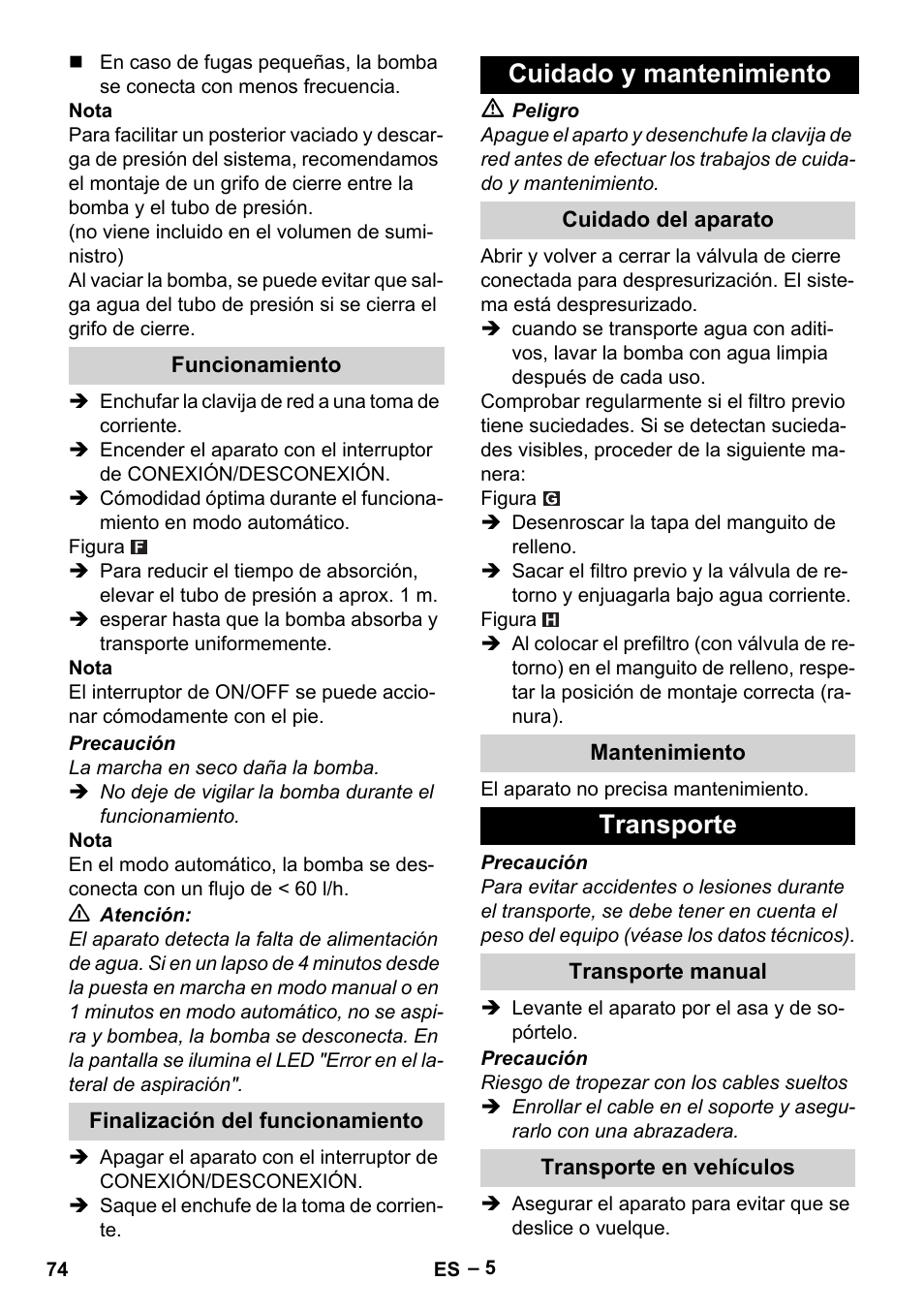 Cuidado y mantenimiento, Transporte | Karcher BP 4 Home & Garden eco!ogic User Manual | Page 74 / 128