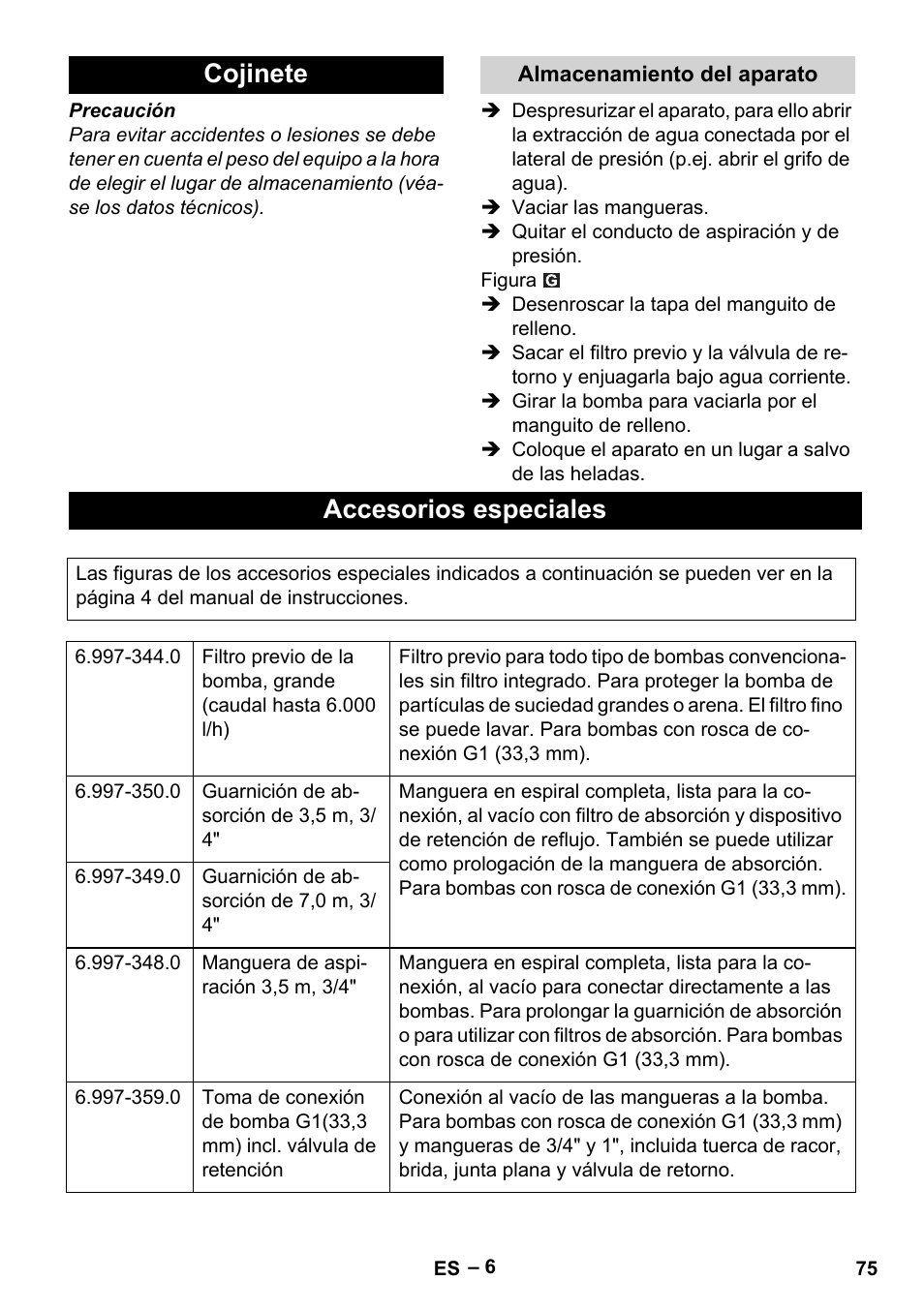 Cojinete, Accesorios especiales | Karcher BP 4 Home & Garden eco!ogic User Manual | Page 75 / 128