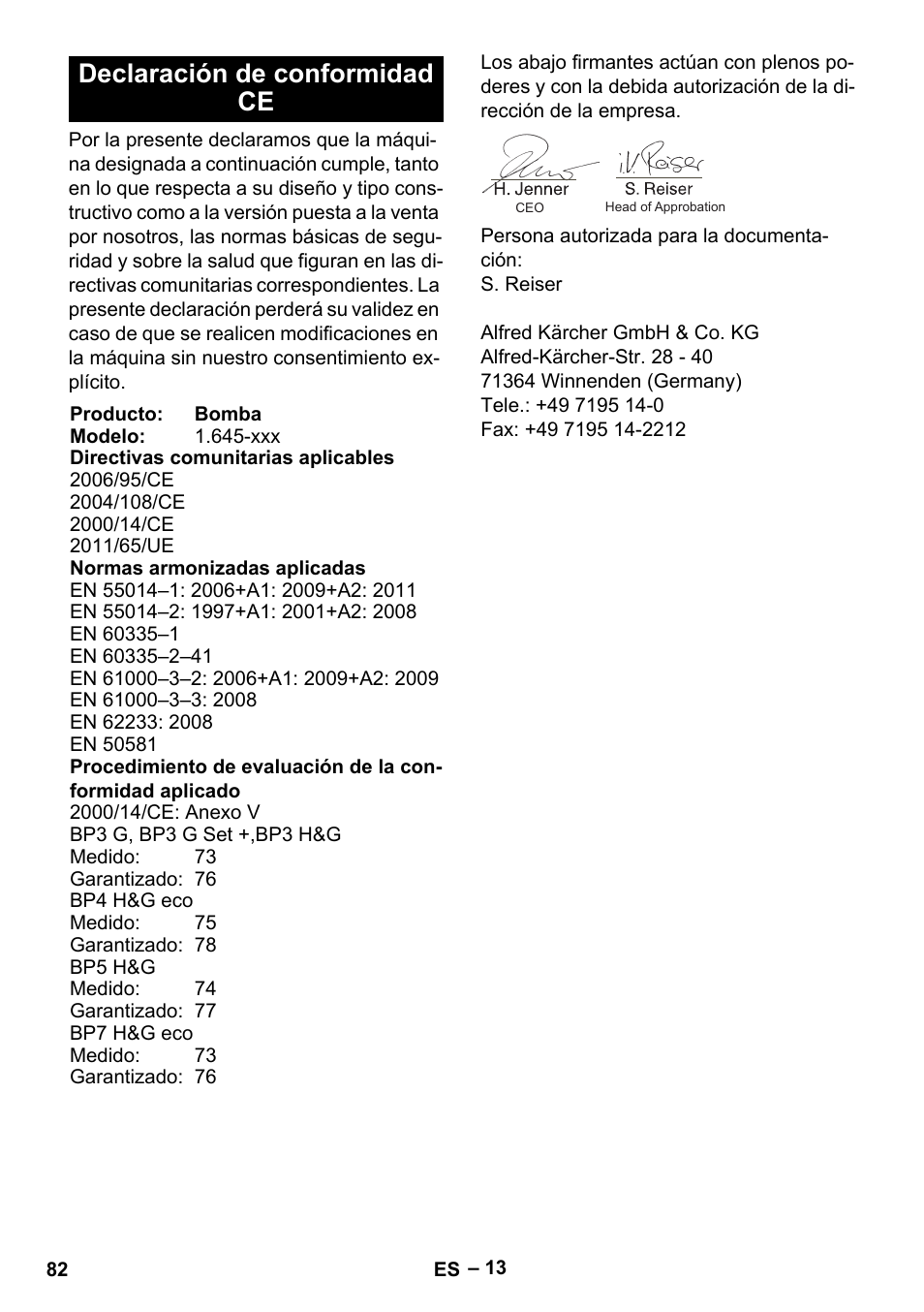 Declaración de conformidad ce | Karcher BP 4 Home & Garden eco!ogic User Manual | Page 82 / 128