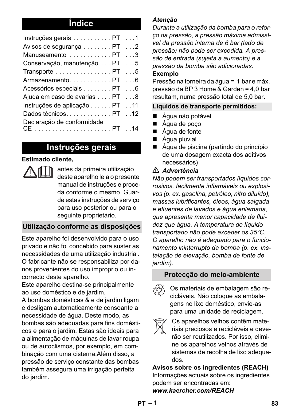 Português, Índice, Instruções gerais | Karcher BP 4 Home & Garden eco!ogic User Manual | Page 83 / 128