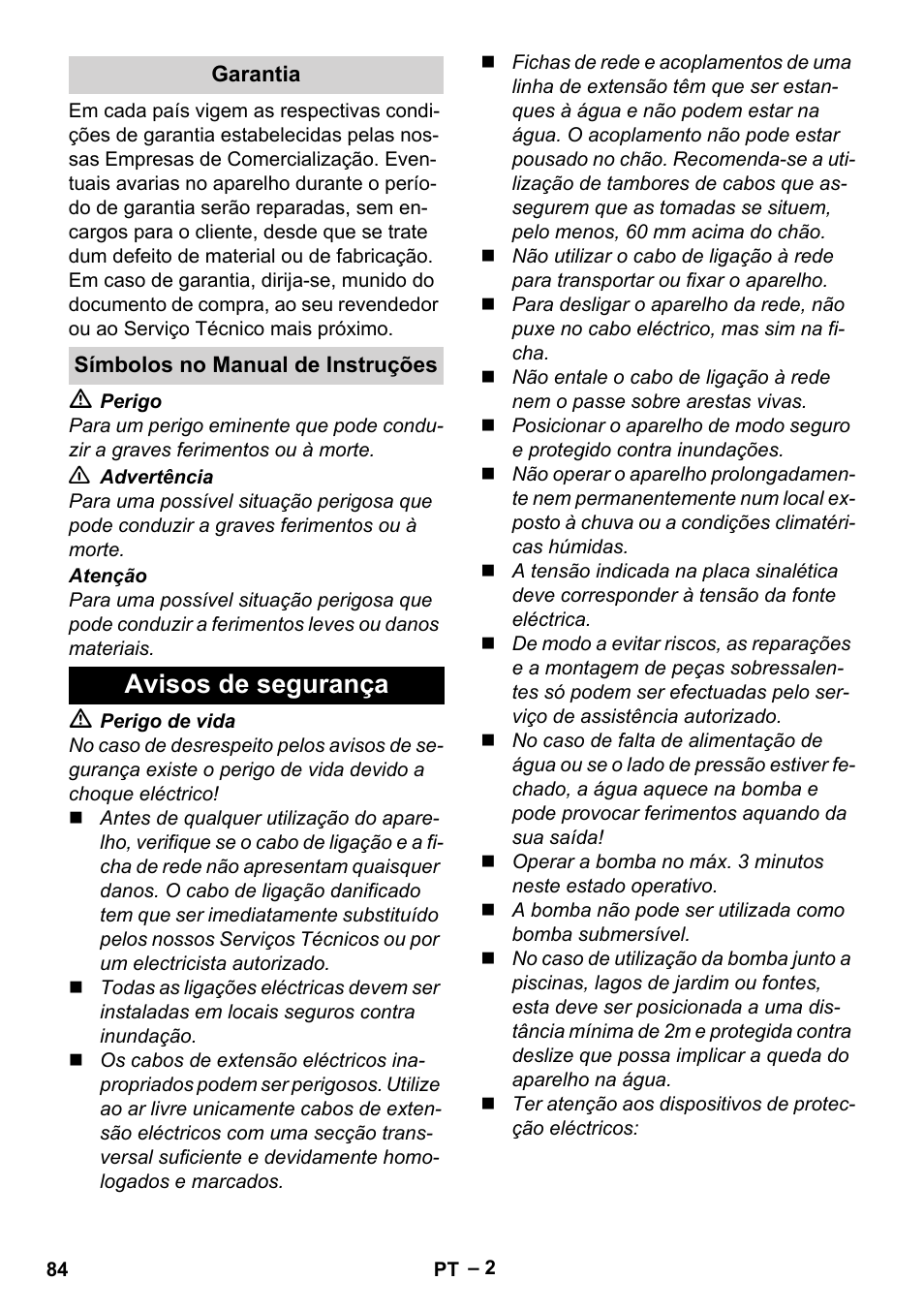 Avisos de segurança | Karcher BP 4 Home & Garden eco!ogic User Manual | Page 84 / 128