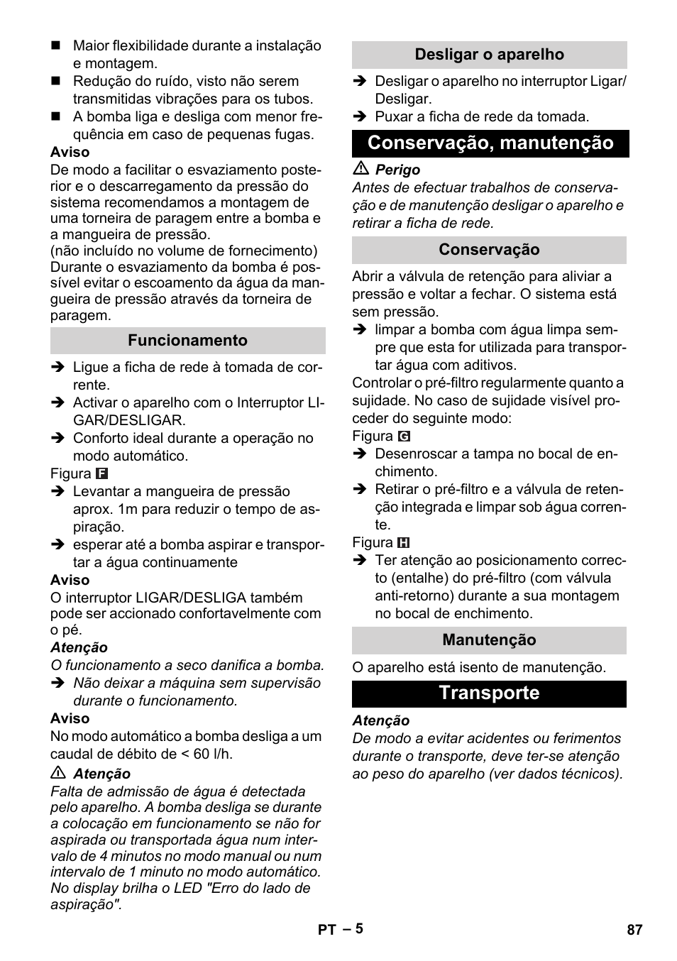 Conservação, manutenção, Transporte | Karcher BP 4 Home & Garden eco!ogic User Manual | Page 87 / 128