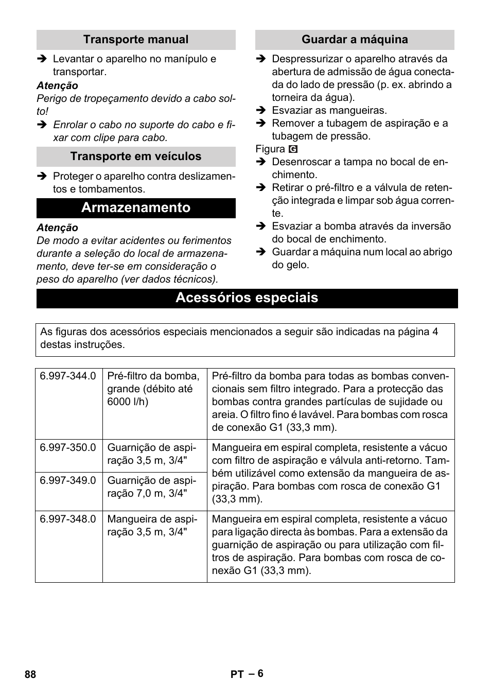 Armazenamento, Acessórios especiais | Karcher BP 4 Home & Garden eco!ogic User Manual | Page 88 / 128