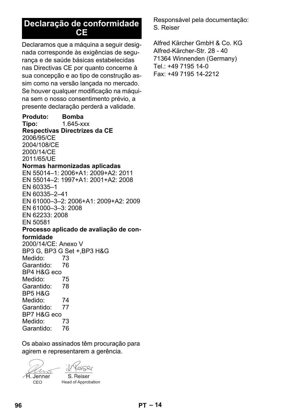 Declaração de conformidade ce | Karcher BP 4 Home & Garden eco!ogic User Manual | Page 96 / 128