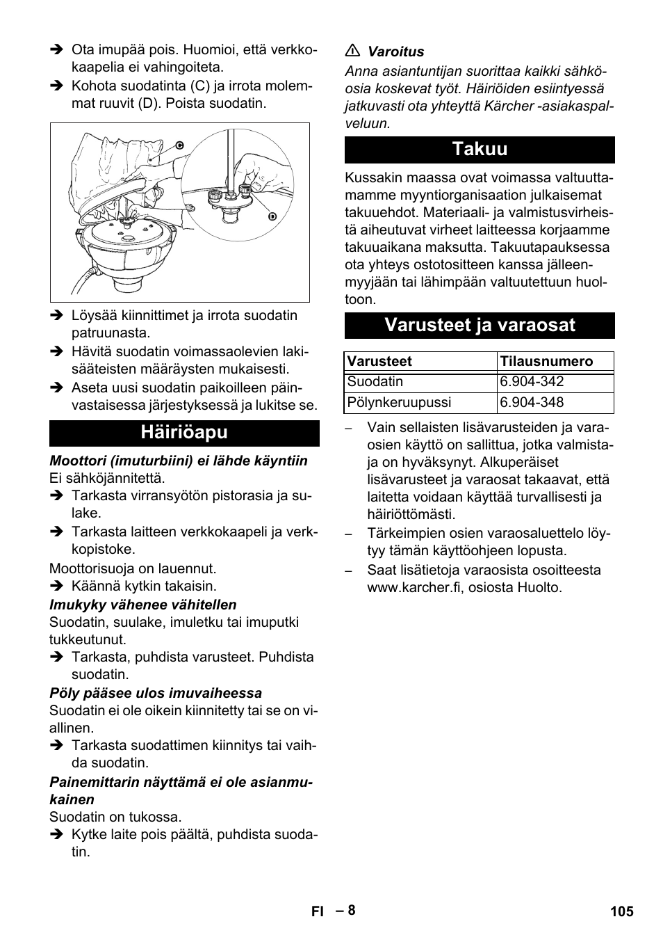 Häiriöapu, Takuu, Varusteet ja varaosat | Häiriöapu takuu varusteet ja varaosat | Karcher IV 60-30 M B1 User Manual | Page 105 / 260