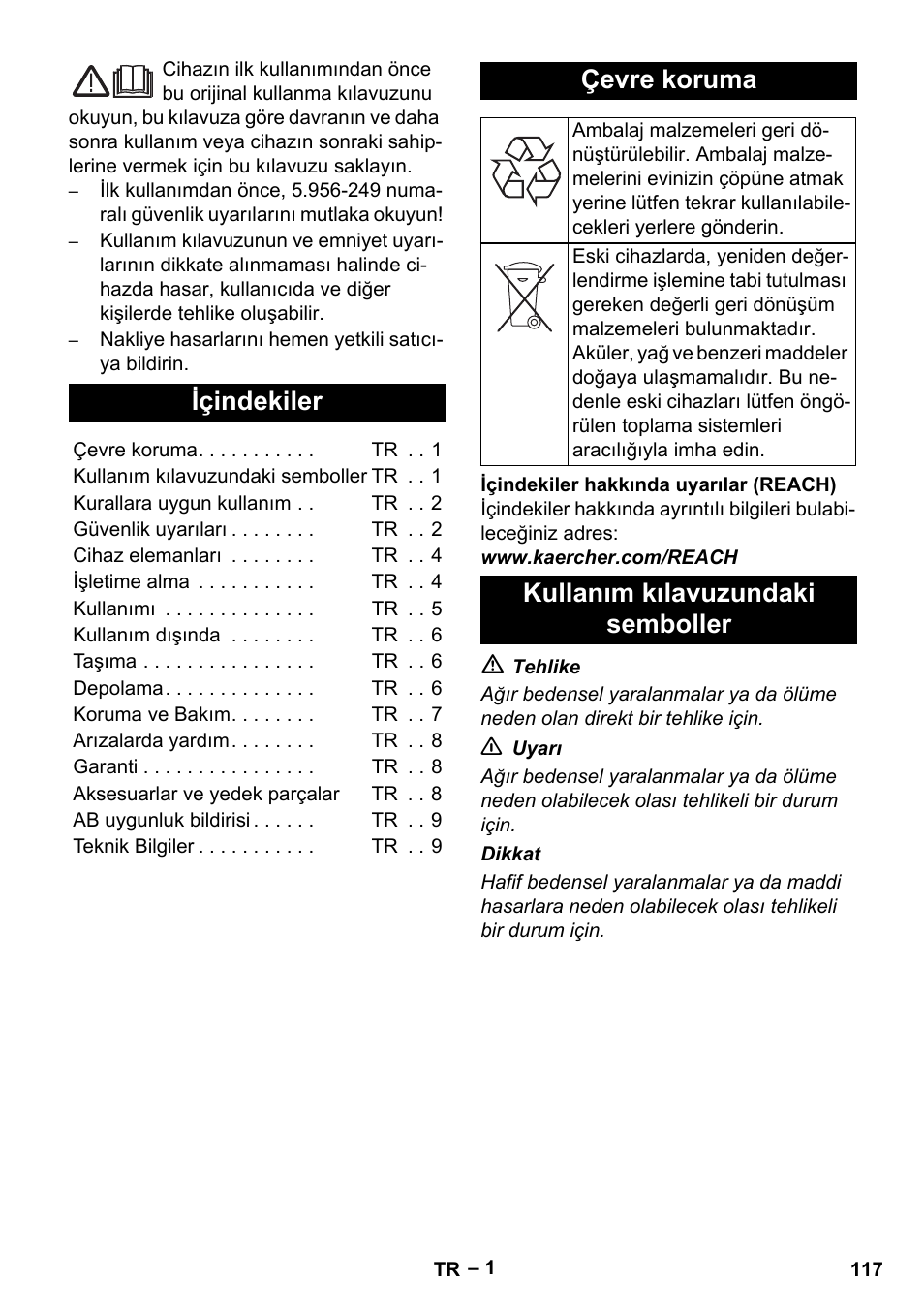 Türkçe, Içindekiler, Çevre koruma | Kullanım kılavuzundaki semboller | Karcher IV 60-30 M B1 User Manual | Page 117 / 260