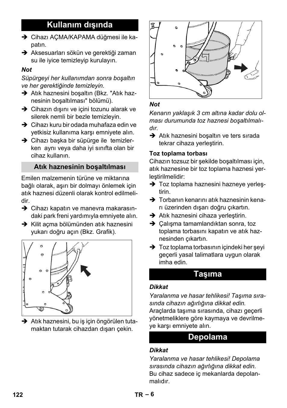 Kullanım dışında, Atık haznesinin boşaltılması, Toz toplama torbası | Taşıma, Depolama, Taşıma depolama | Karcher IV 60-30 M B1 User Manual | Page 122 / 260