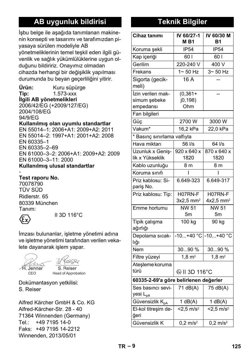 Ab uygunluk bildirisi, Teknik bilgiler | Karcher IV 60-30 M B1 User Manual | Page 125 / 260