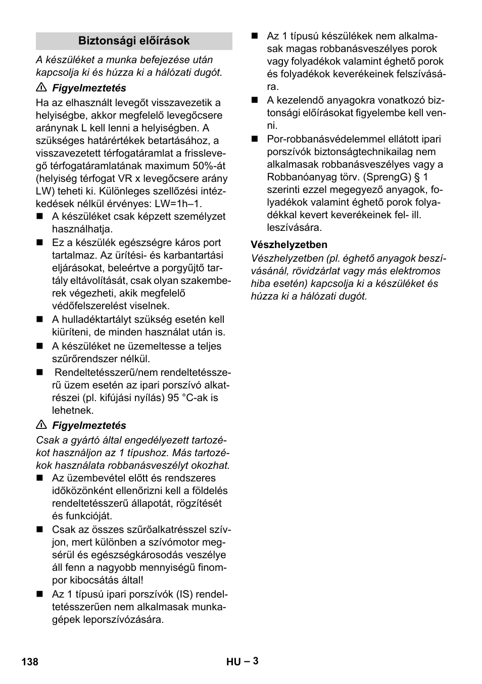 Biztonsági előírások, Vészhelyzetben | Karcher IV 60-30 M B1 User Manual | Page 138 / 260