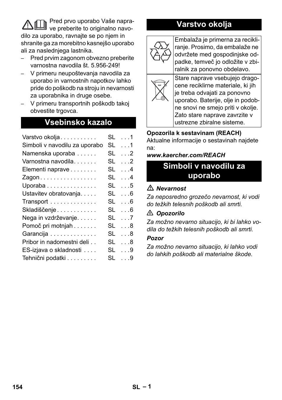 Slovenščina, Vsebinsko kazalo, Varstvo okolja | Simboli v navodilu za uporabo | Karcher IV 60-30 M B1 User Manual | Page 154 / 260