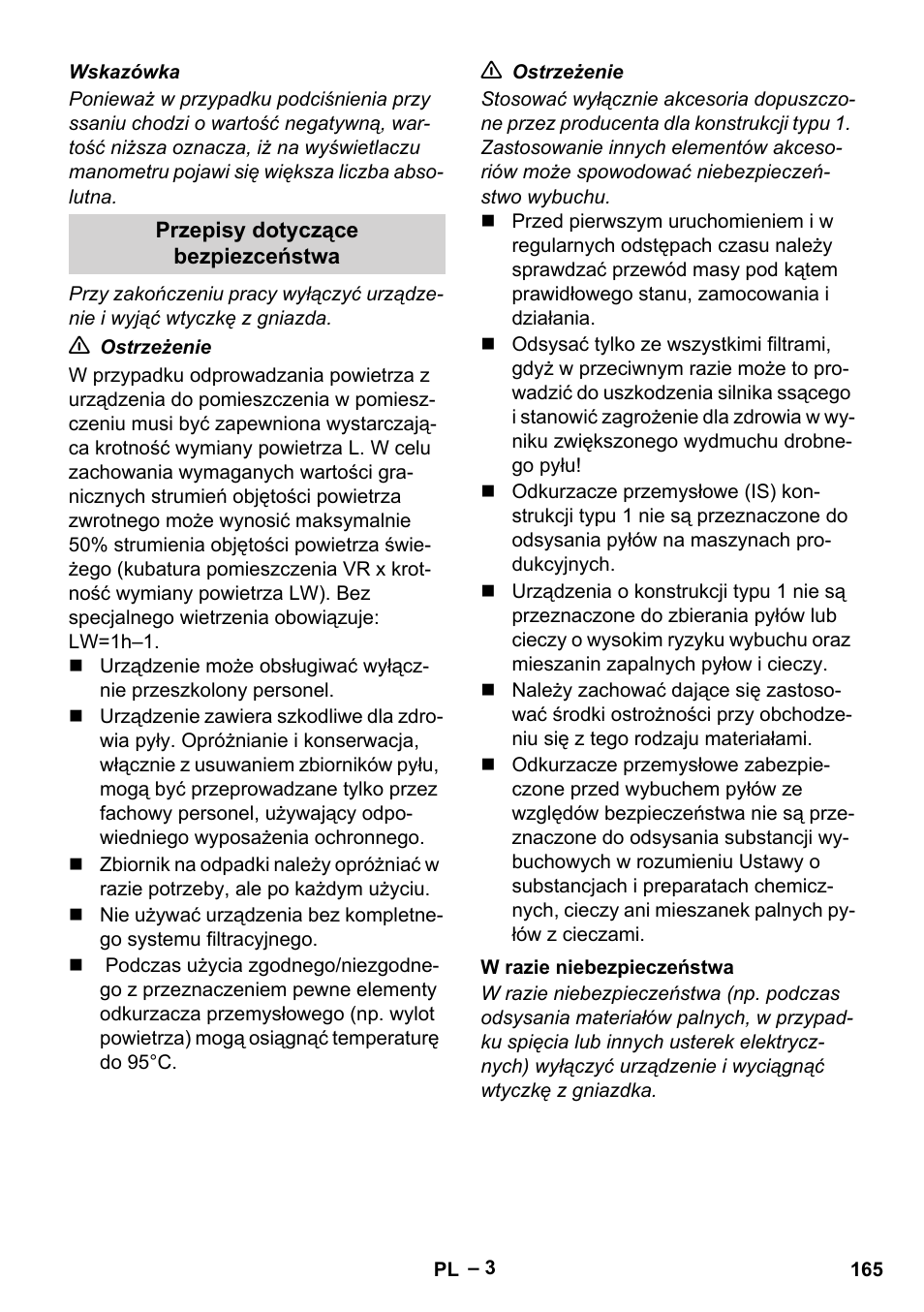 Przepisy dotyczące bezpiezceństwa, W razie niebezpieczeństwa | Karcher IV 60-30 M B1 User Manual | Page 165 / 260