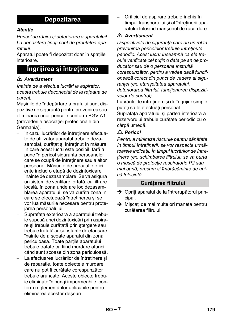 Depozitarea, Îngrijirea şi întreţinerea, Curăţarea filtrului | Depozitarea îngrijirea şi întreţinerea | Karcher IV 60-30 M B1 User Manual | Page 179 / 260