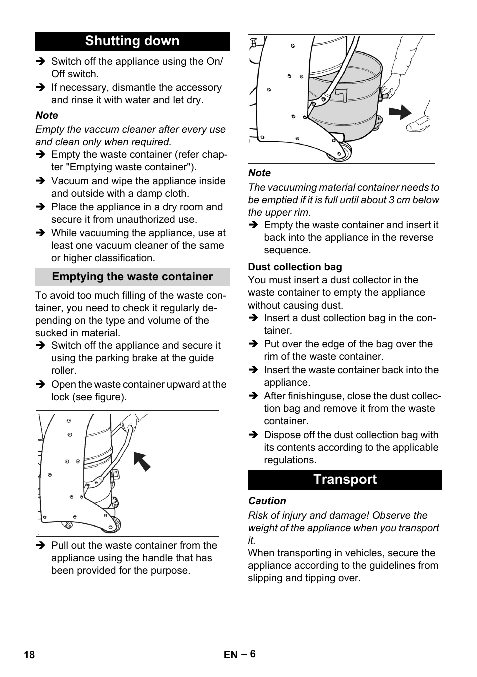 Shutting down, Emptying the waste container, Dust collection bag | Transport | Karcher IV 60-30 M B1 User Manual | Page 18 / 260