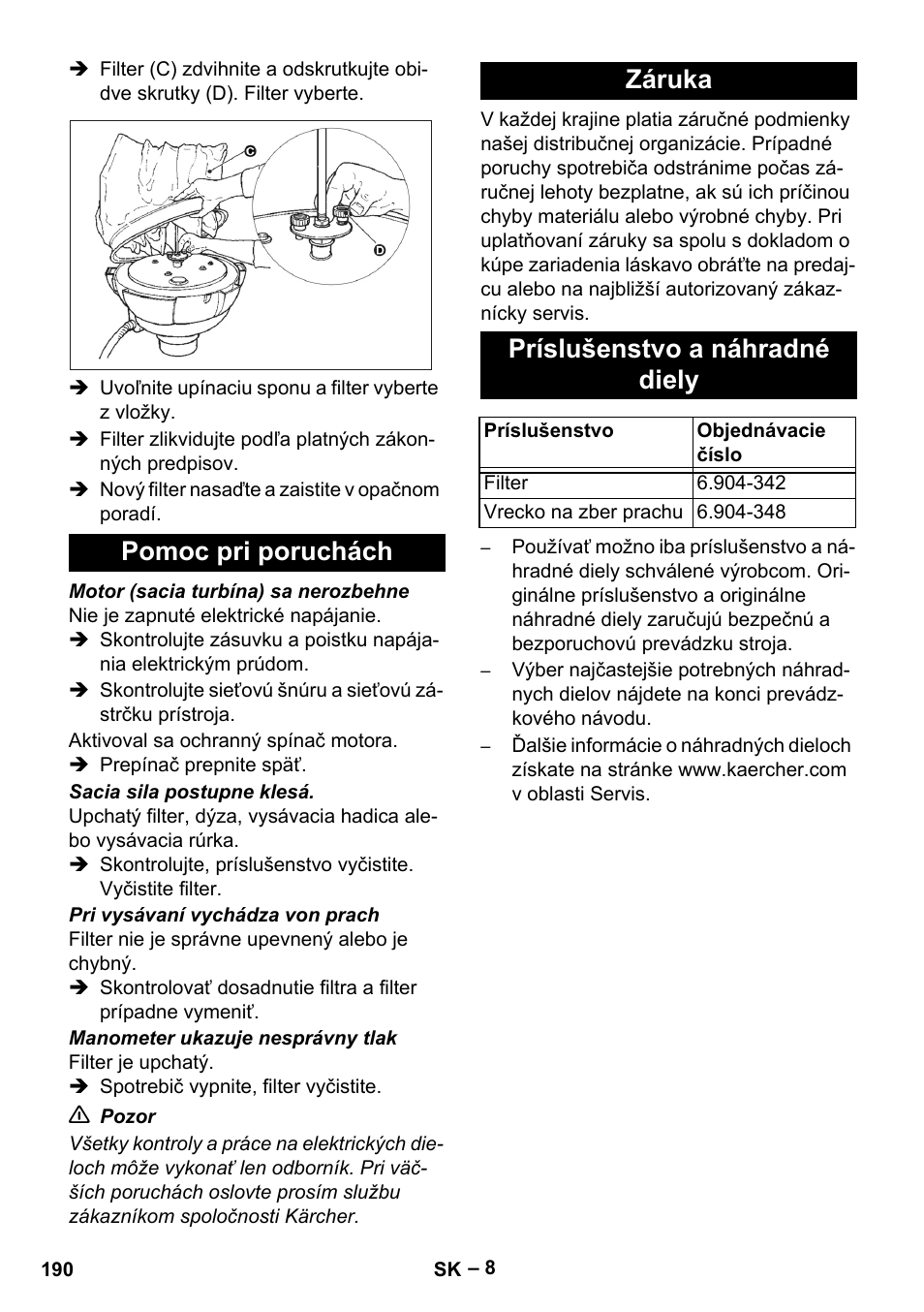 Pomoc pri poruchách, Záruka, Príslušenstvo a náhradné diely | Karcher IV 60-30 M B1 User Manual | Page 190 / 260
