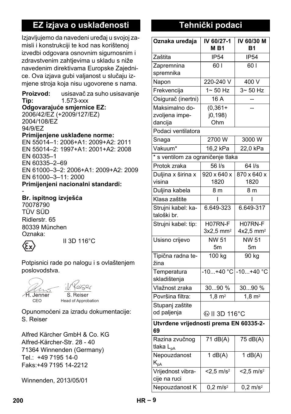 Ez izjava o usklađenosti, Tehnički podaci | Karcher IV 60-30 M B1 User Manual | Page 200 / 260