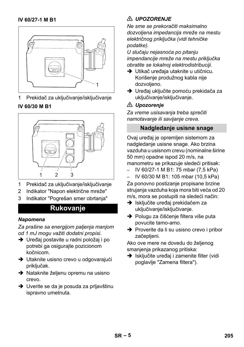 Iv 60/27-1 m b1, Iv 60/30 m b1, Rukovanje | Nadgledanje usisne snage | Karcher IV 60-30 M B1 User Manual | Page 205 / 260