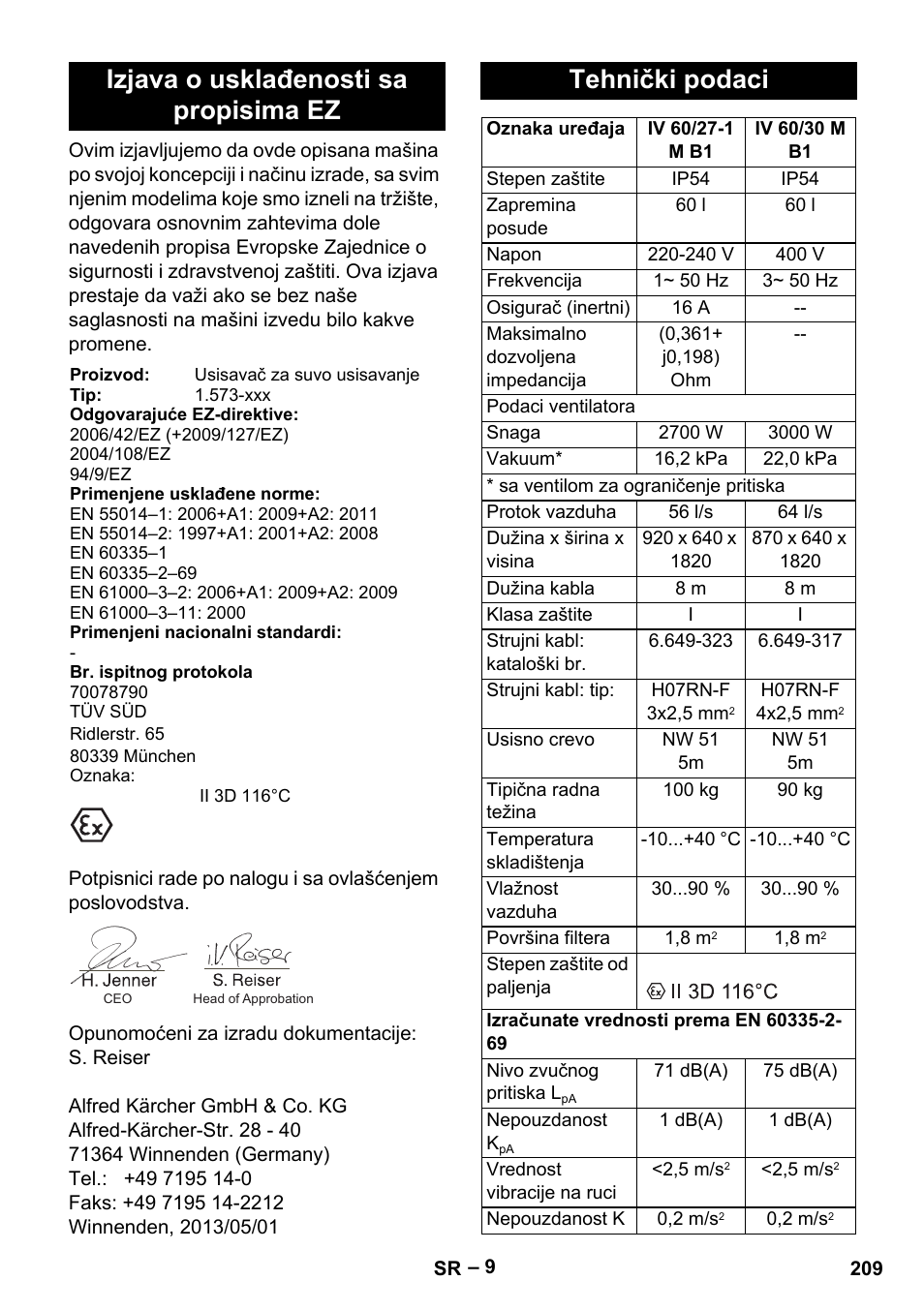 Izjava o usklađenosti sa propisima ez, Tehnički podaci | Karcher IV 60-30 M B1 User Manual | Page 209 / 260