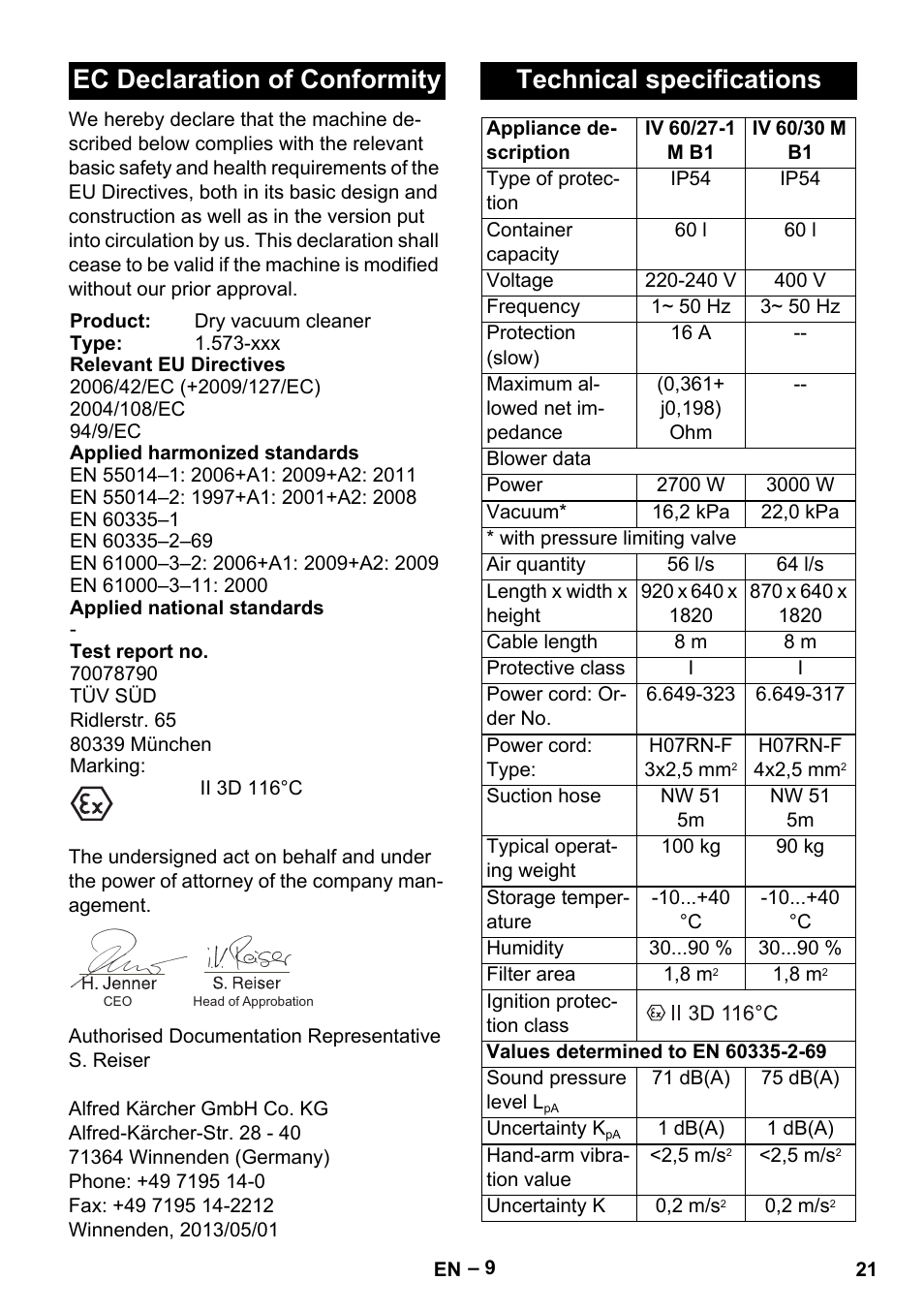 Ec declaration of conformity, Technical specifications | Karcher IV 60-30 M B1 User Manual | Page 21 / 260