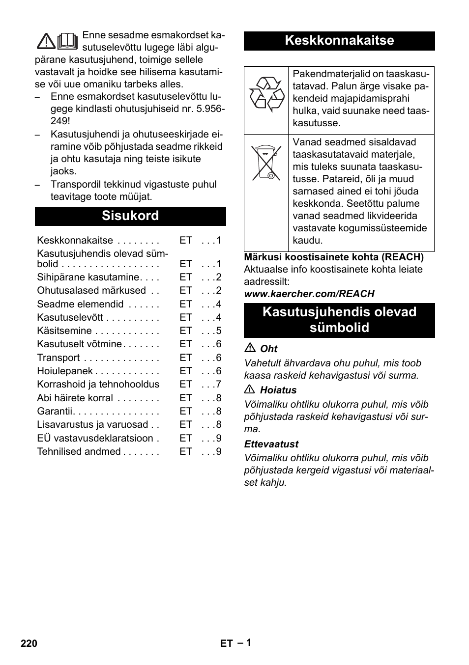 Eesti, Sisukord, Keskkonnakaitse | Kasutusjuhendis olevad sümbolid | Karcher IV 60-30 M B1 User Manual | Page 220 / 260