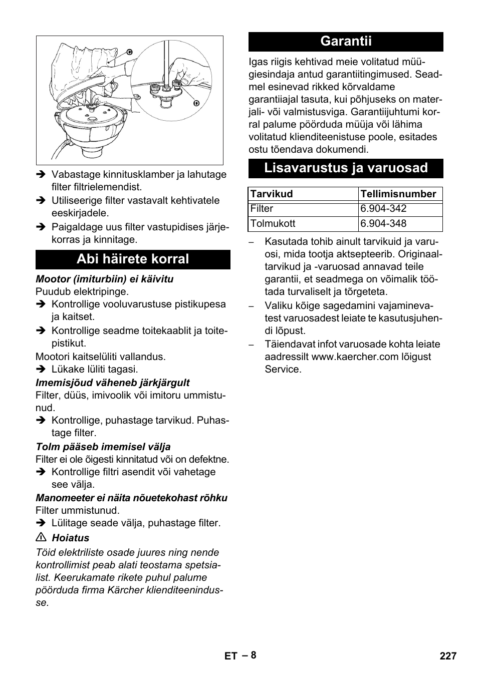 Abi häirete korral, Garantii, Lisavarustus ja varuosad | Karcher IV 60-30 M B1 User Manual | Page 227 / 260