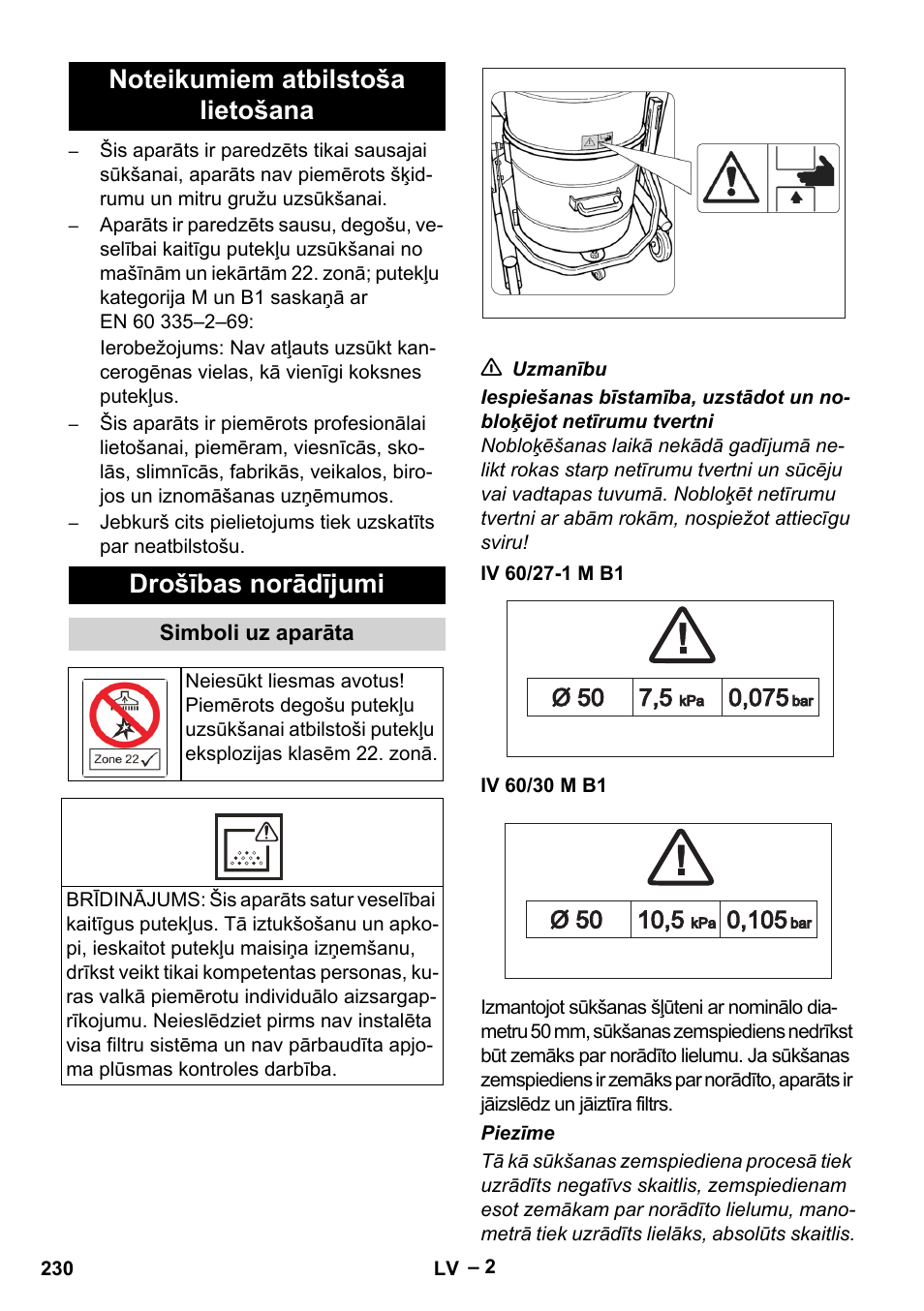Noteikumiem atbilstoša lietošana, Drošības norādījumi, Simboli uz aparāta | Iv 60/27-1 m b1, Iv 60/30 m b1 | Karcher IV 60-30 M B1 User Manual | Page 230 / 260