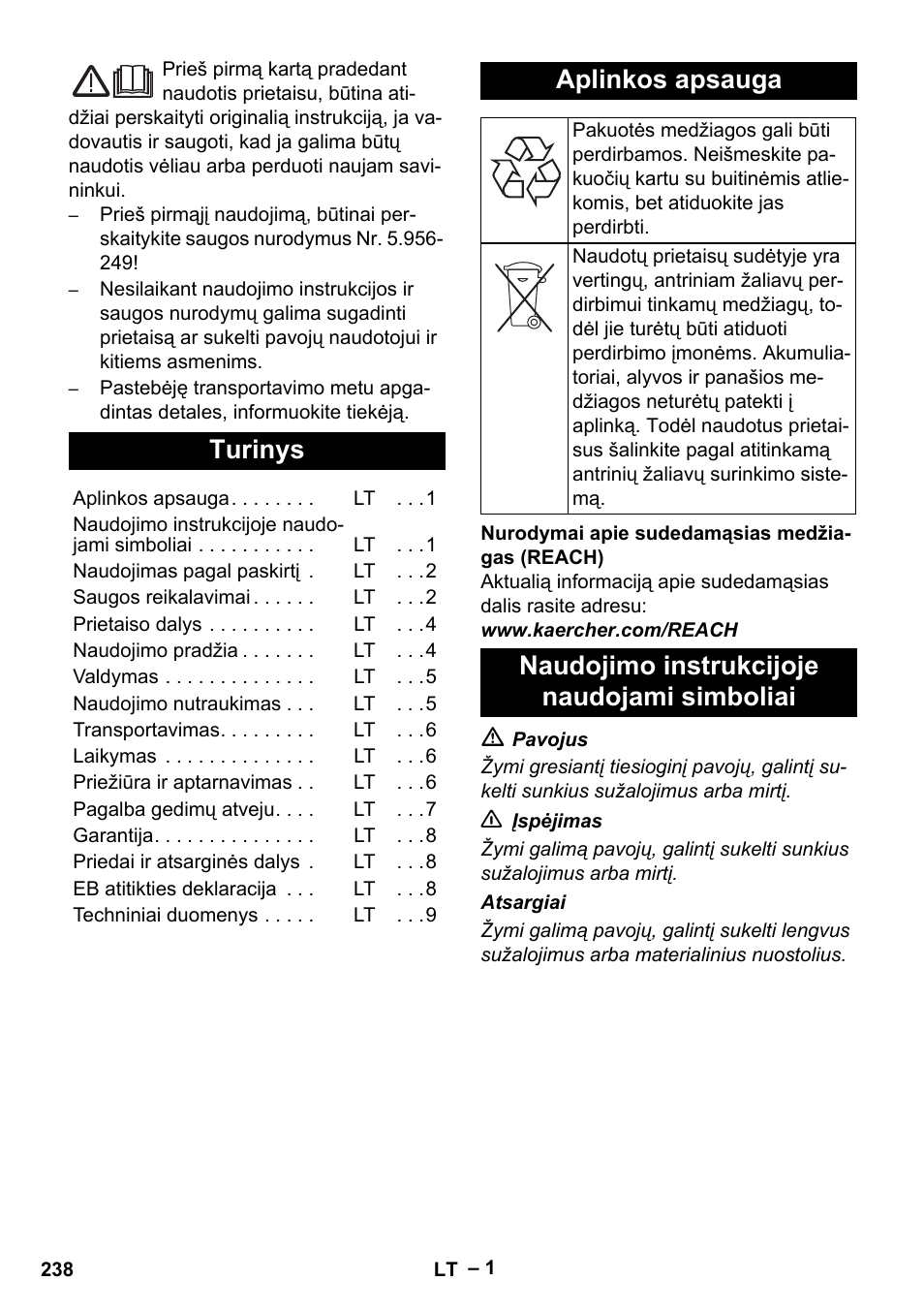 Lietuviškai, Turinys, Aplinkos apsauga | Naudojimo instrukcijoje naudojami simboliai | Karcher IV 60-30 M B1 User Manual | Page 238 / 260