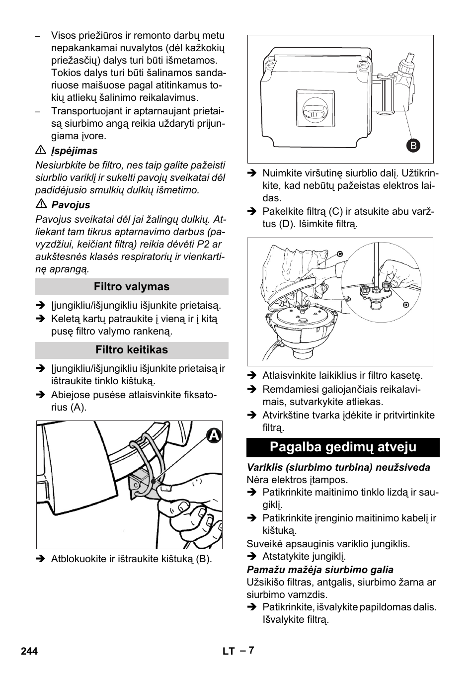 Filtro valymas, Filtro keitikas, Pagalba gedimų atveju | Karcher IV 60-30 M B1 User Manual | Page 244 / 260