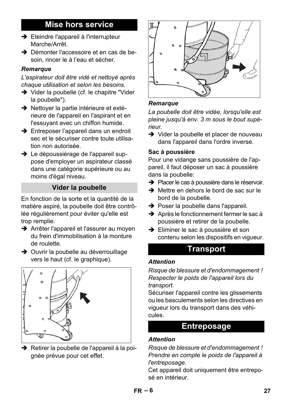 Mise hors service, Vider la poubelle, Sac à poussière | Transport, Entreposage, Transport entreposage | Karcher IV 60-30 M B1 User Manual | Page 27 / 260