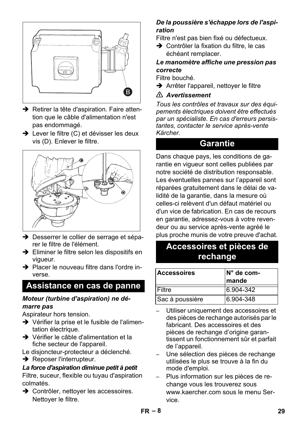 Assistance en cas de panne, Garantie, Accessoires et pièces de rechange | Karcher IV 60-30 M B1 User Manual | Page 29 / 260