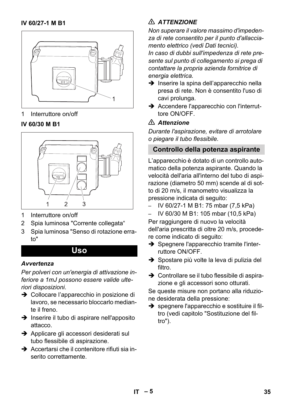 Iv 60/27-1 m b1, Iv 60/30 m b1, Controllo della potenza aspirante | Karcher IV 60-30 M B1 User Manual | Page 35 / 260