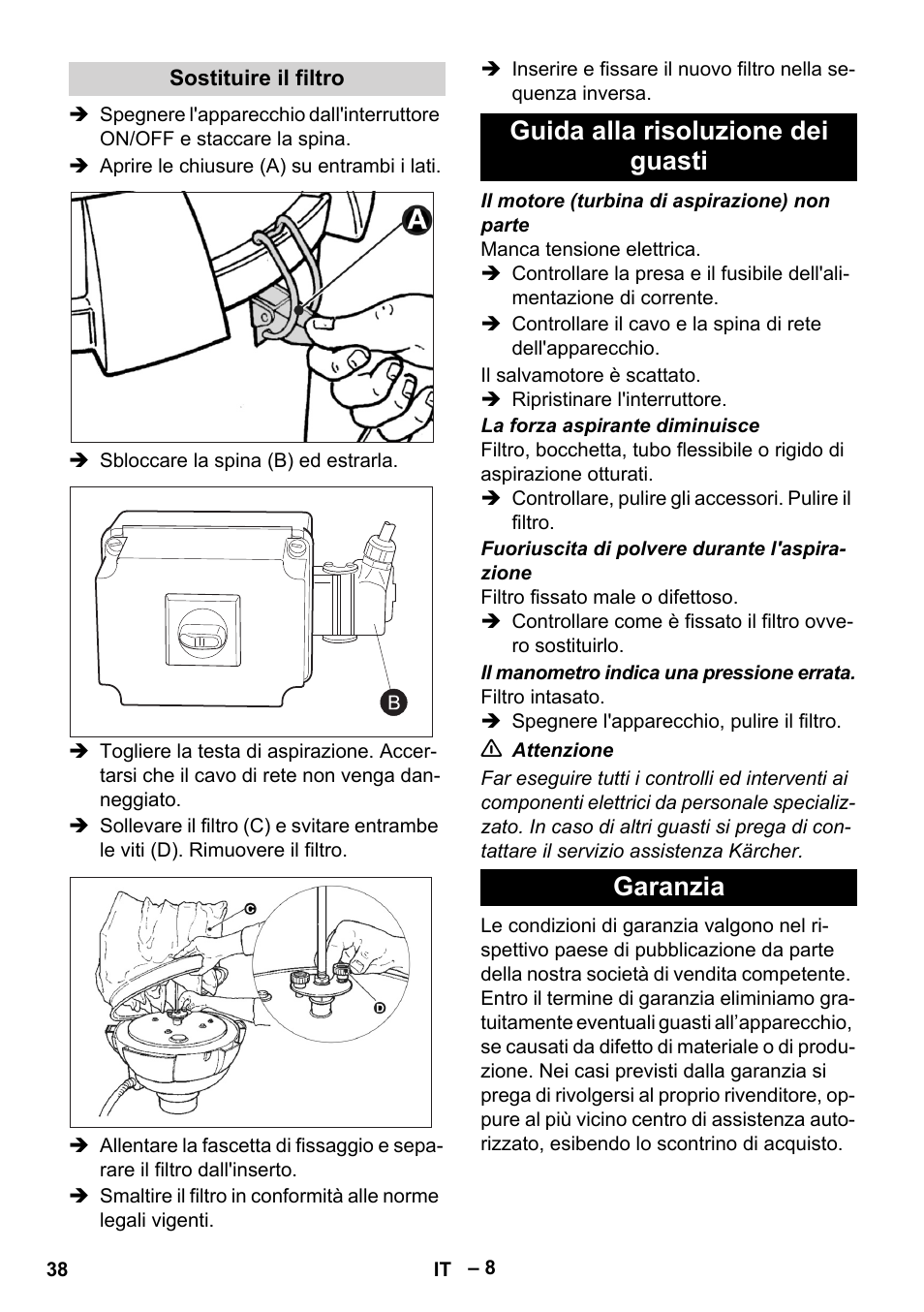 Sostituire il filtro, Guida alla risoluzione dei guasti, Garanzia | Guida alla risoluzione dei guasti garanzia | Karcher IV 60-30 M B1 User Manual | Page 38 / 260