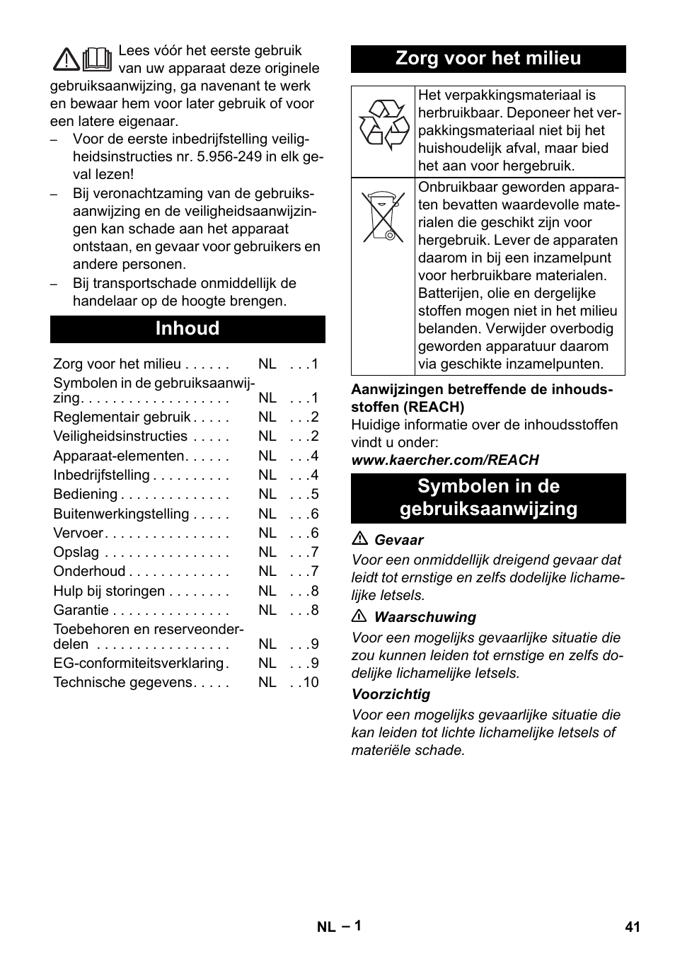 Nederlands, Inhoud, Zorg voor het milieu | Symbolen in de gebruiksaanwijzing | Karcher IV 60-30 M B1 User Manual | Page 41 / 260