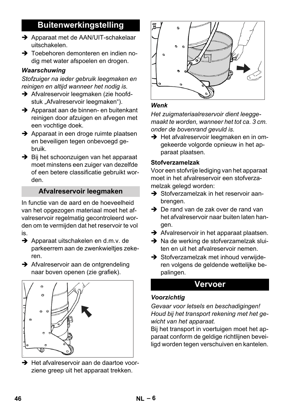 Buitenwerkingstelling, Afvalreservoir leegmaken, Stofverzamelzak | Vervoer | Karcher IV 60-30 M B1 User Manual | Page 46 / 260