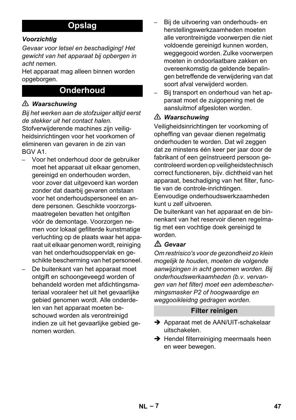 Opslag, Onderhoud, Filter reinigen | Opslag onderhoud | Karcher IV 60-30 M B1 User Manual | Page 47 / 260