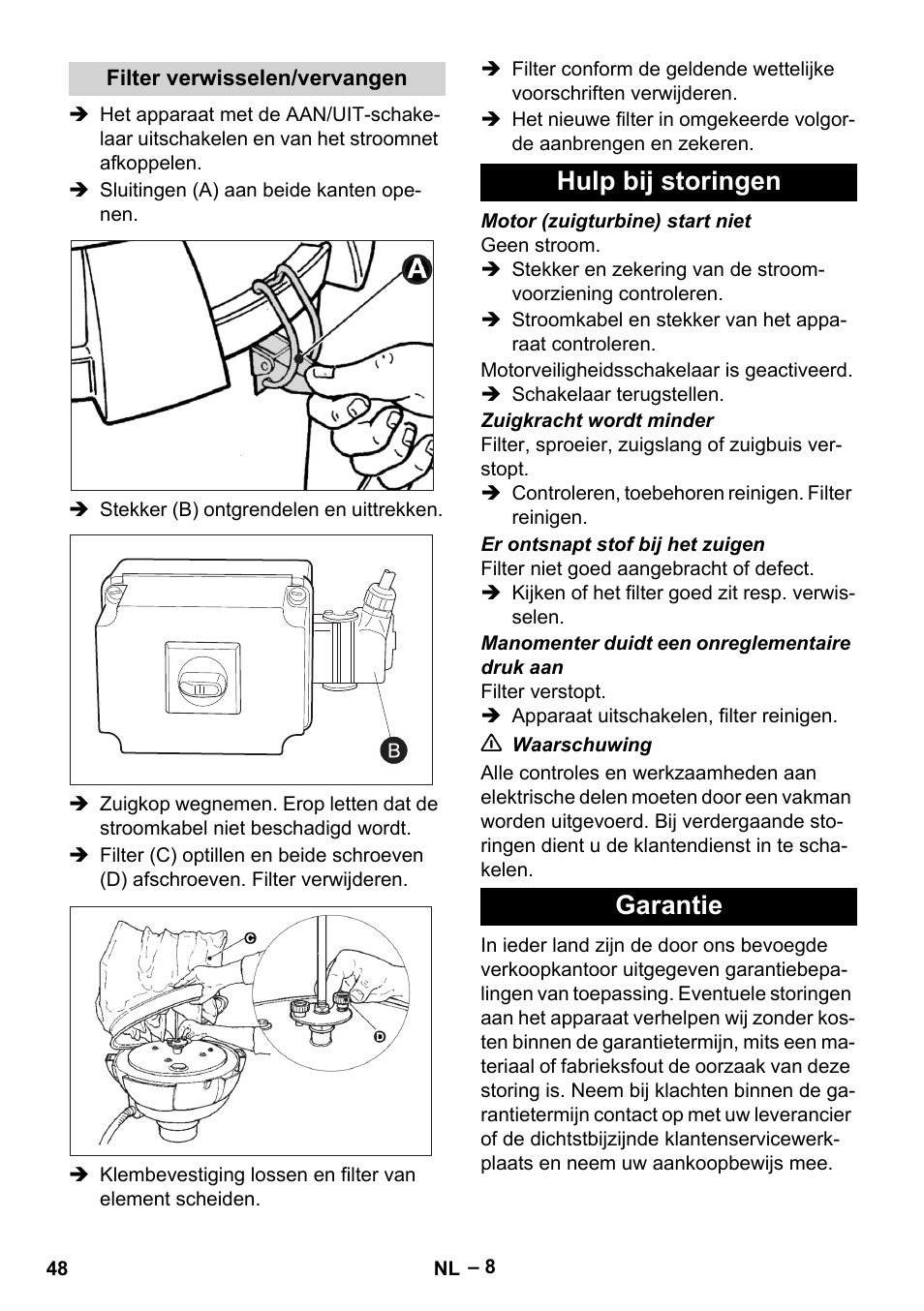 Filter verwisselen/vervangen, Hulp bij storingen, Garantie | Hulp bij storingen garantie | Karcher IV 60-30 M B1 User Manual | Page 48 / 260