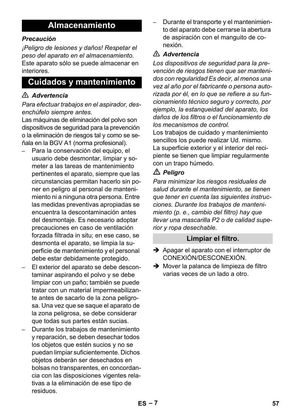 Almacenamiento, Cuidados y mantenimiento, Limpiar el filtro | Almacenamiento cuidados y mantenimiento | Karcher IV 60-30 M B1 User Manual | Page 57 / 260