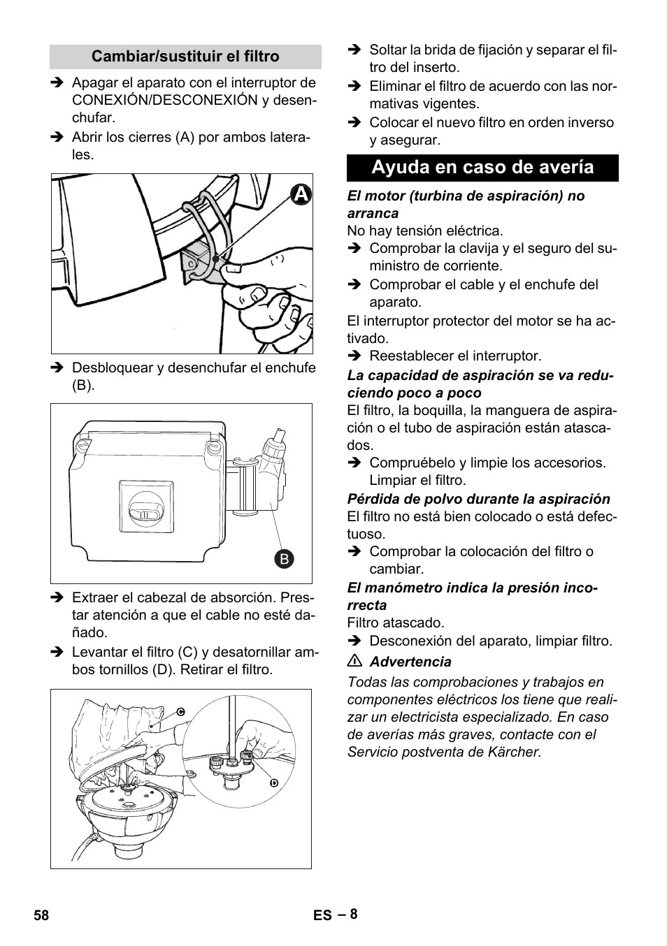 Cambiar/sustituir el filtro, Ayuda en caso de avería | Karcher IV 60-30 M B1 User Manual | Page 58 / 260