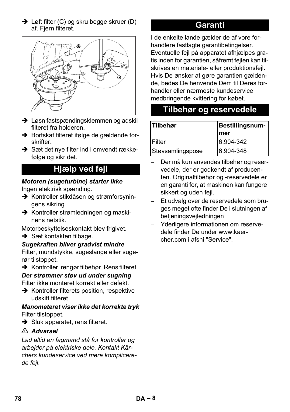 Hjælp ved fejl, Garanti, Tilbehør og reservedele | Hjælp ved fejl garanti tilbehør og reservedele | Karcher IV 60-30 M B1 User Manual | Page 78 / 260