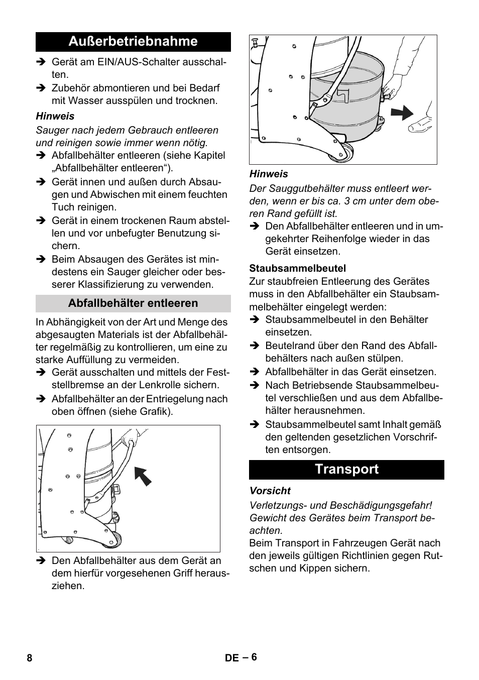 Außerbetriebnahme, Abfallbehälter entleeren, Staubsammelbeutel | Transport | Karcher IV 60-30 M B1 User Manual | Page 8 / 260