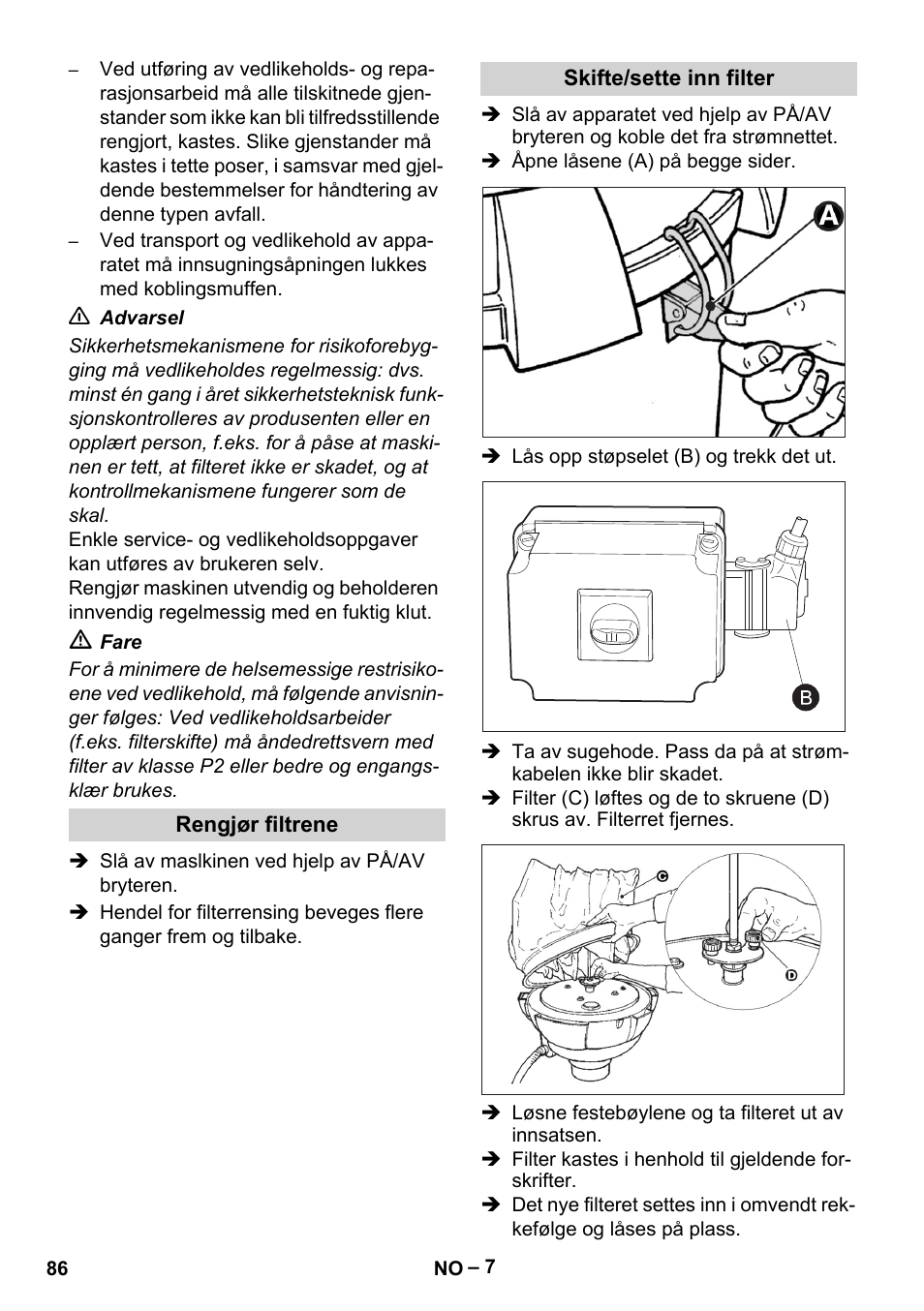 Rengjør filtrene, Skifte/sette inn filter | Karcher IV 60-30 M B1 User Manual | Page 86 / 260