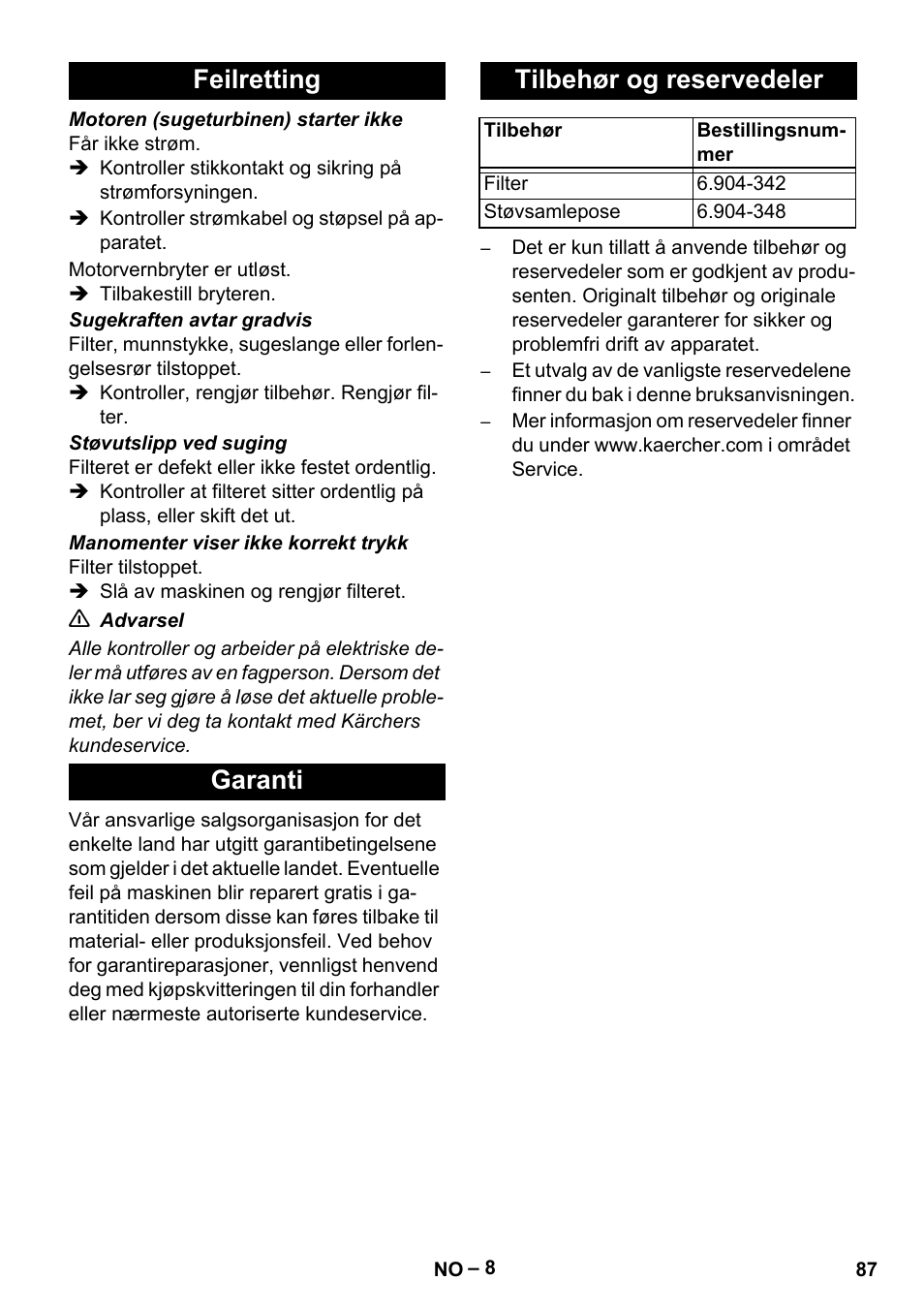 Feilretting, Garanti, Tilbehør og reservedeler | Feilretting garanti tilbehør og reservedeler | Karcher IV 60-30 M B1 User Manual | Page 87 / 260