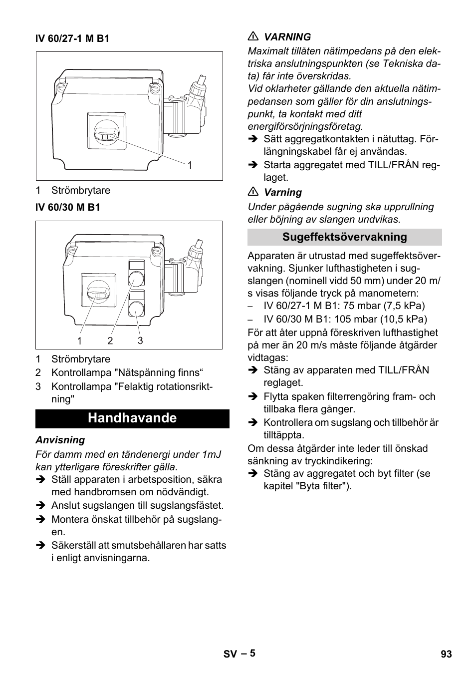 Iv 60/27-1 m b1, Iv 60/30 m b1, Handhavande | Sugeffektsövervakning | Karcher IV 60-30 M B1 User Manual | Page 93 / 260