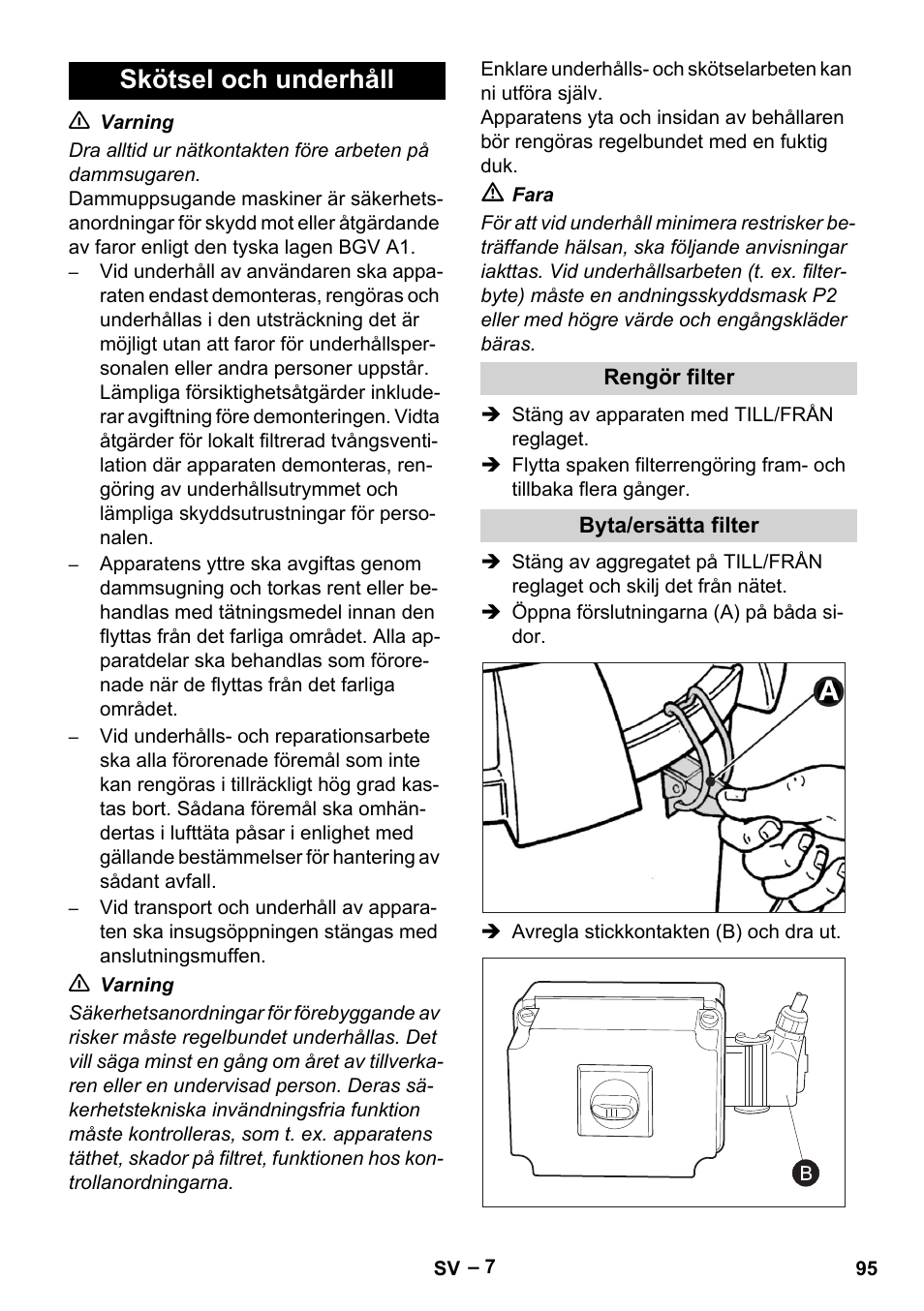 Skötsel och underhåll, Rengör filter, Byta/ersätta filter | Karcher IV 60-30 M B1 User Manual | Page 95 / 260