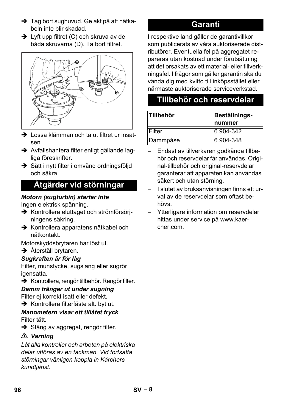 Åtgärder vid störningar, Garanti, Tillbehör och reservdelar | Karcher IV 60-30 M B1 User Manual | Page 96 / 260