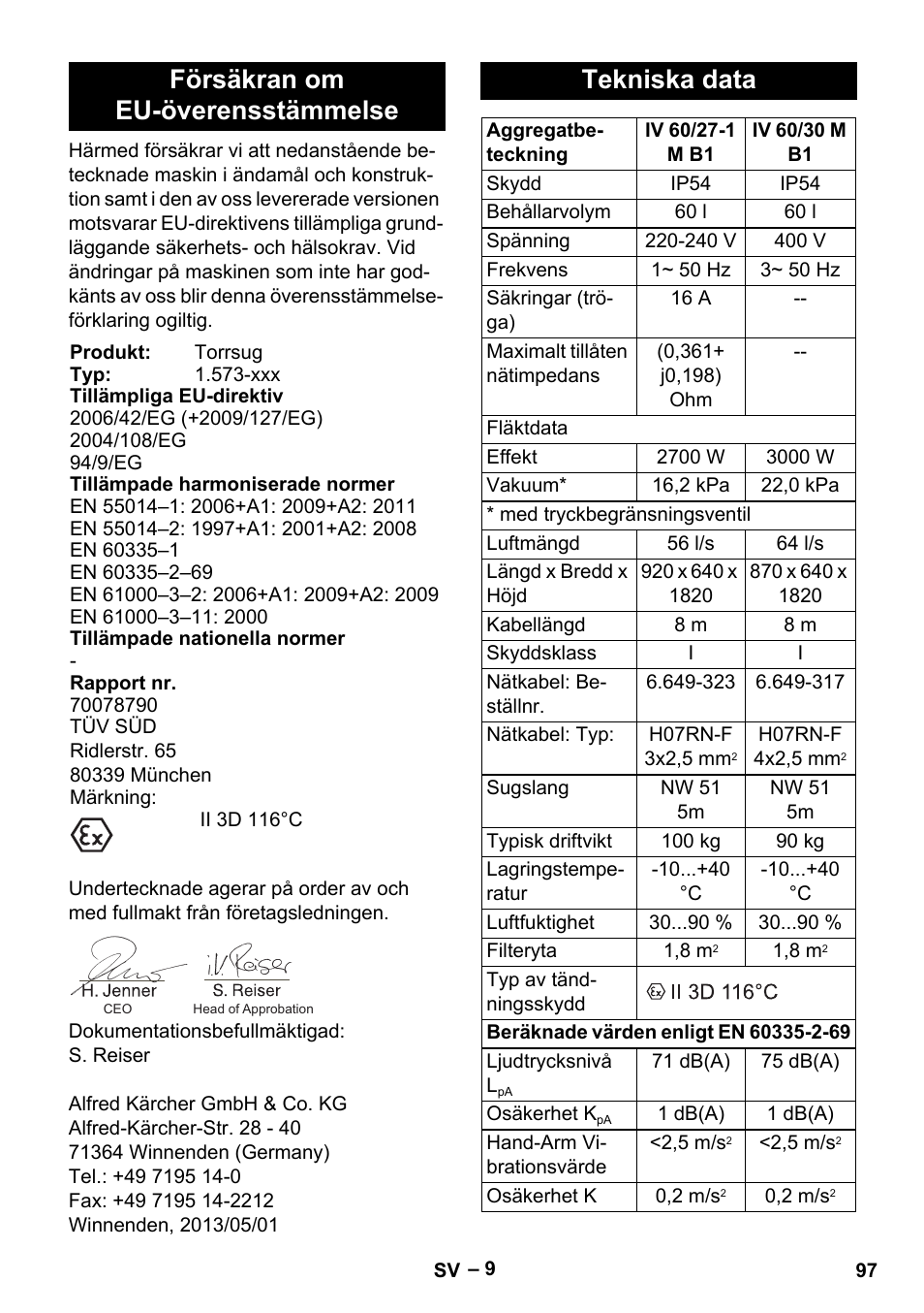 Försäkran om eu-överensstämmelse, Tekniska data | Karcher IV 60-30 M B1 User Manual | Page 97 / 260