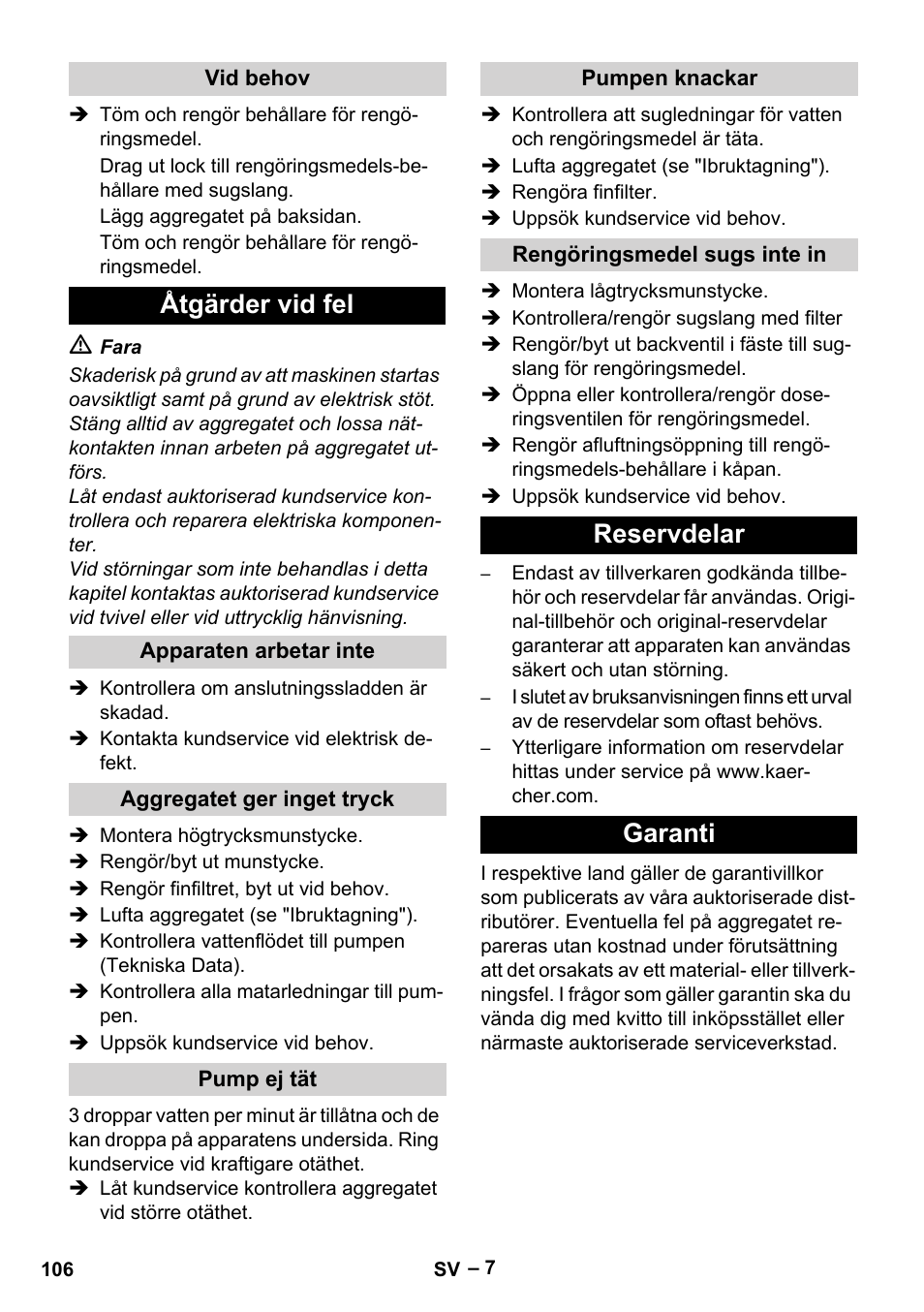 Åtgärder vid fel, Reservdelar garanti | Karcher HD 10-23-4 SX Plus User Manual | Page 106 / 264